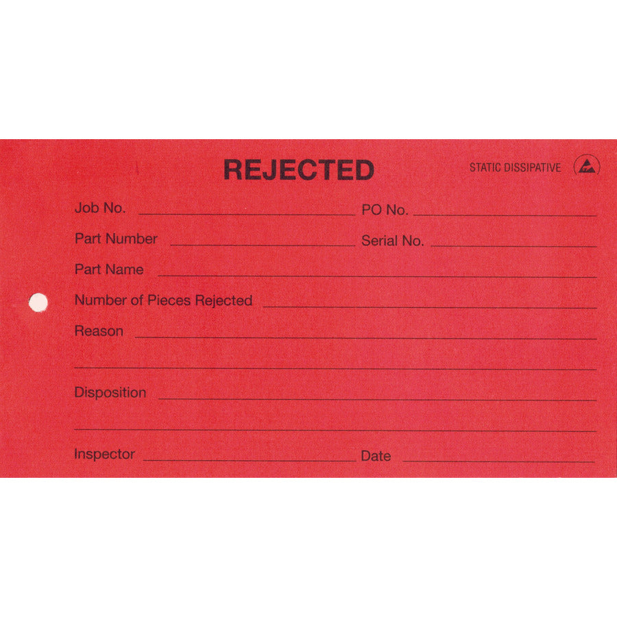 Techni-Pro 10065613 ESD „Abgelehnt“-Etiketten, rot, Baumwollschnur, 2,75 Zoll H x 5 Zoll B, 50 St./Pkg