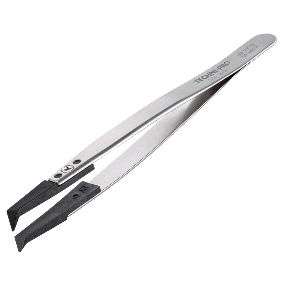 Techni-Pro 758TW0246 ESD Plastic Tip Tweezers, Style 246, Carbon Fiber, A246CF, Angled, Thin, 4.9"