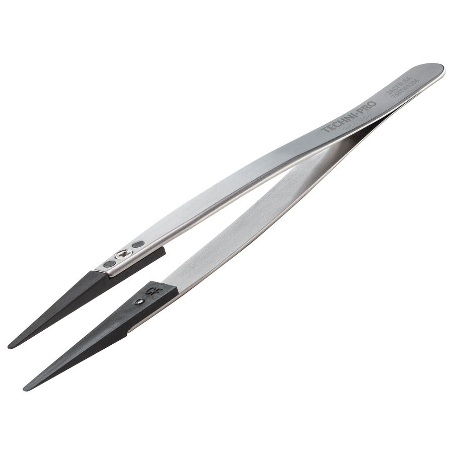 Techni-Pro 758TW0304 ESD Plastic Tip Tweezers, Style 2A, Carbon Fiber, A2ACF, Round, Flat, 5.1"