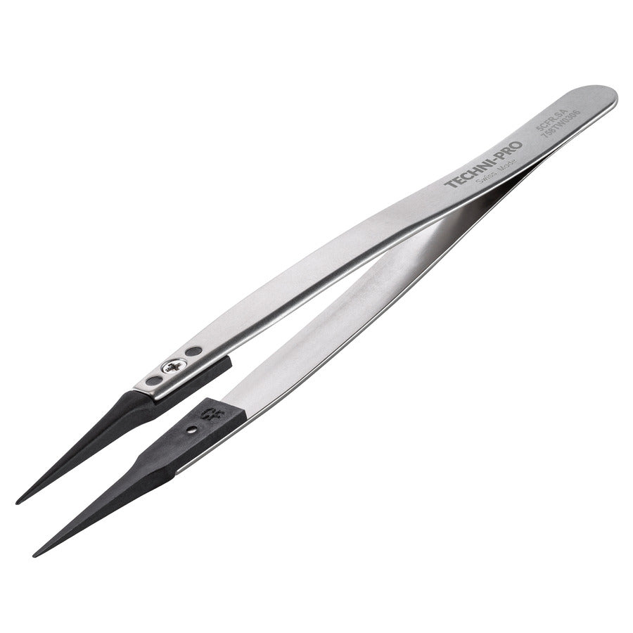 Techni-Pro 758TW0306 ESD Plastic Tip Tweezers, Style 5, Carbon Fiber Tips A5CF, Very Fine, 5.1"