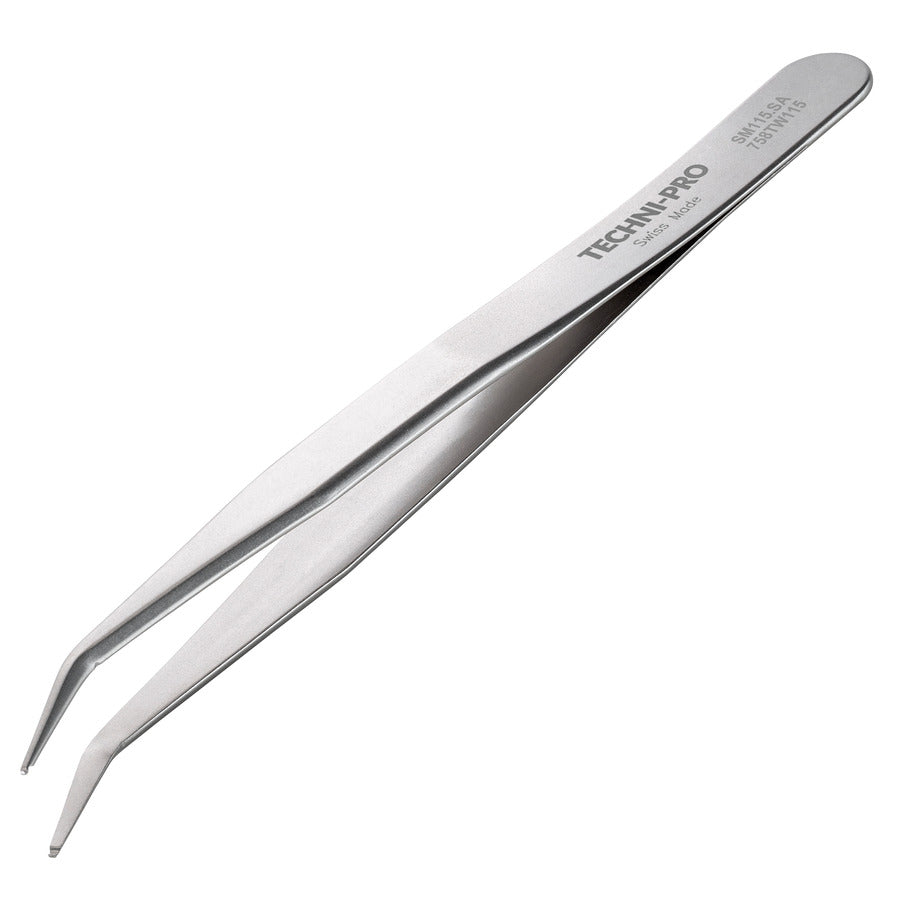 Techni-Pro 758TW115 SMD Tweezers, Style SM115, Anti-Acid/Anti-Mag, SS, Bent, Grooved, 4.5"