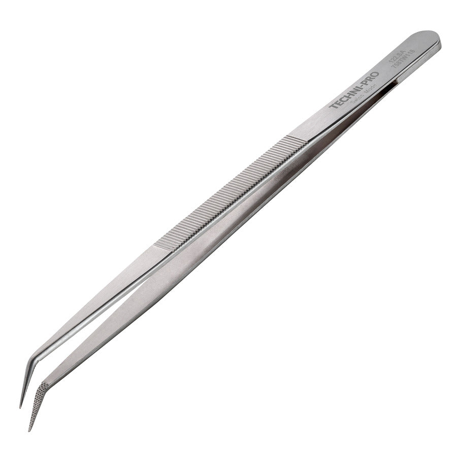 Techni-Pro 758TW118 Industrial Tweezers, Style 122, Anti-Mag, SS, Bent, Fine, Serrated, 5.9"
