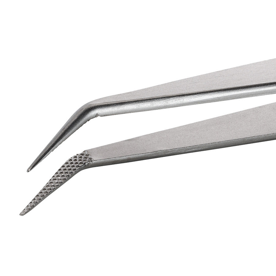 Techni-Pro 758TW118 Industrial Tweezers, Style 122, Anti-Mag, SS, Bent, Fine, Serrated, 5.9"