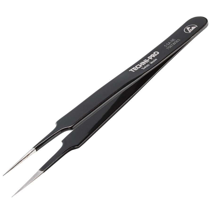 Techni-Pro 758TW563 ESD-Pinzette mit Epoxidharzbeschichtung, Stil 5, säure-/magnetresistent, Edelstahl, fein, spitz, 10,9 cm