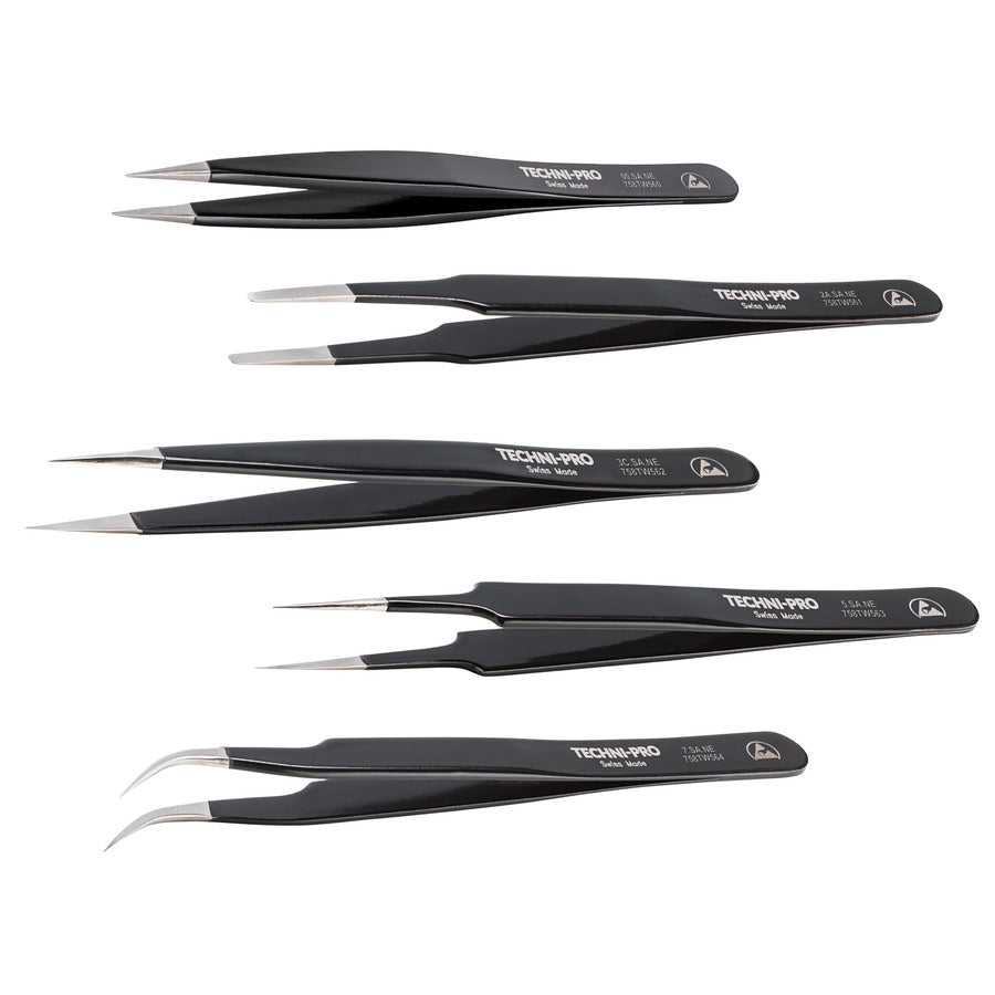 Techni-Pro 758TW565 Pinzettenset, ESD-sicher beschichtet, mit Etui, 5-teilig