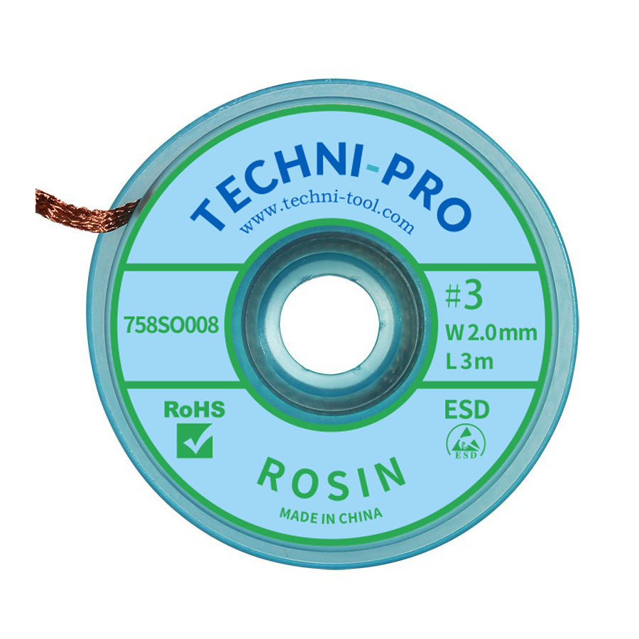 Techni-Pro RWIKN03 10FT Entlötlitze, Kolophonium, 0.08"x10 ft, Größe #3, grünes Etikett